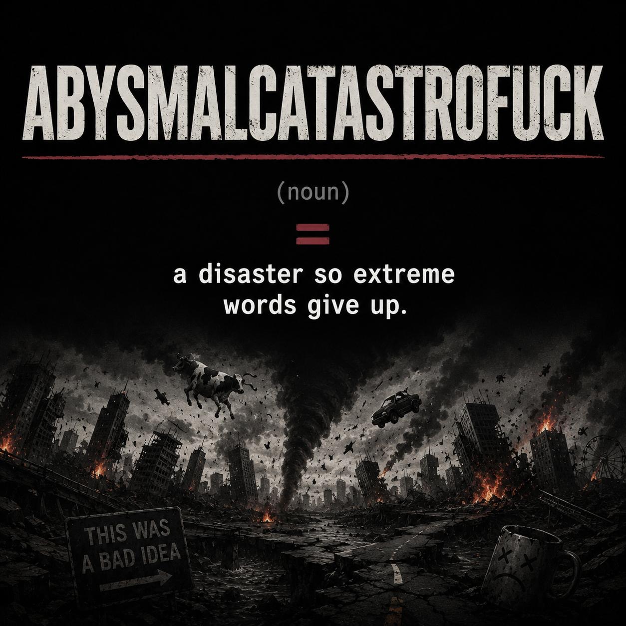 Poster: ABYSMALCATASTROFUCK (noun) = a disaster so extreme words give up. Below, a ruined city under a tornado, with a cow and a car in the air, a sign reading THIS WAS A BAD IDEA, and a broken mug with crossed-out eyes.
