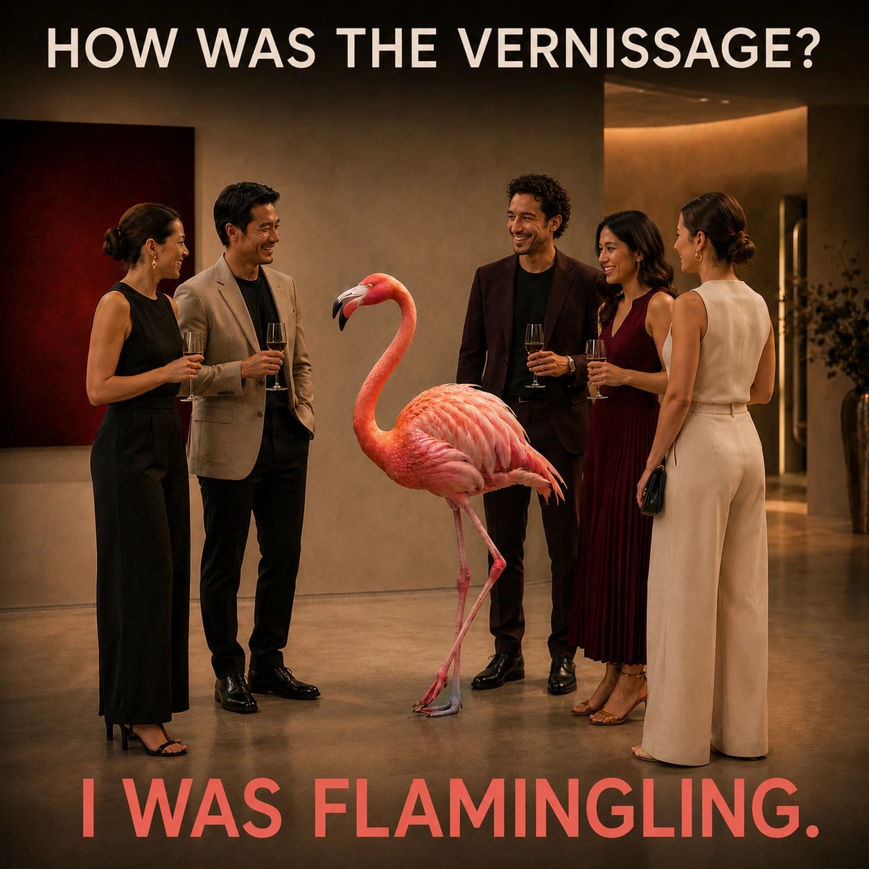 Five people in evening dress holding champagne at a gallery opening, a live pink flamingo standing among them. Caption above: HOW WAS THE VERNISSAGE? Caption below in coral: I WAS FLAMINGLING.