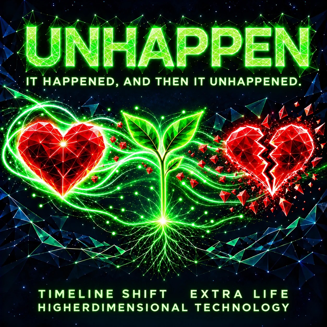 Poster: UNHAPPEN in glowing green letters; “It happened, and then it unhappened.” A whole red crystal heart and a shattered one are linked by green threads through a seedling. Footer: Timeline Shift, Extra Life, Higherdimensional Technology.