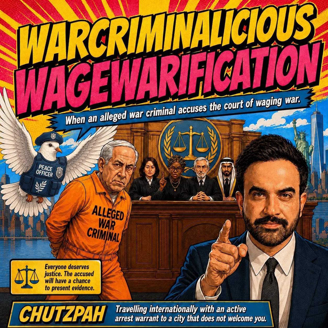 Pop-art halftone poster. Title in yellow and pink: WARCRIMINALICIOUS WAGEWARIFICATION. Speech banner: “When an alleged war criminal accuses the court of waging war.” Beneath it a courtroom scene — a man in an orange jumpsuit marked ALLEGED WAR CRIMINAL before a panel of judges, a dove in a PEACE OFFICER vest, a prosecutor pointing. A yellow panel reads “Everyone deserves justice. The accused will have a chance to present evidence.” A footer panel defines CHUTZPAH: “Travelling internationally with an active arrest warrant to a city that does not welcome you.”
